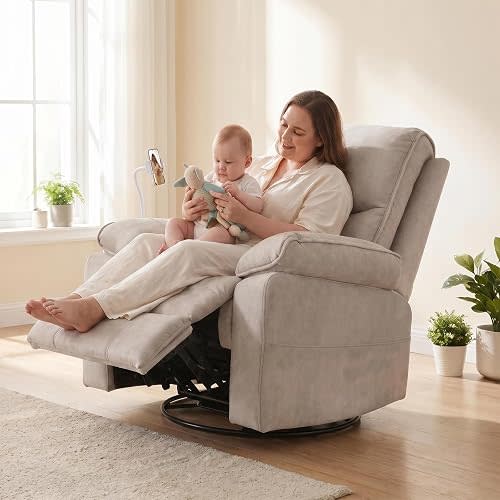 360° Swivel Glider Rocking Chair Nursery, Oversized Recliner with Phone Holder,Nursing Chairs for Breastfeeding with Wide Foot Rest for Living Room and Baby Room,Beige