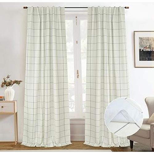 DriftAway 2 Panels 100% Blackout Windowpane Plaid Linen Curtains Double Layer Drapes for Bedroom 102 Inches Long Farmhouse Thermal Insulated 3.25 Inch Rod Pocket Back Tab for Living Room Black