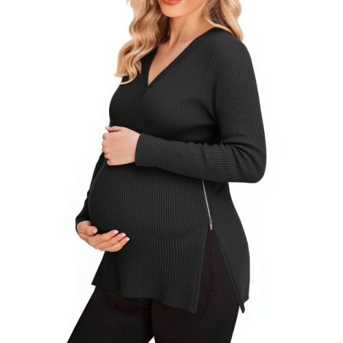 INSPIRE CHIC Women's Maternity Nursing Sweater Fall Winter Side Zip for Breastfeeding Stretchy Knit Top XX-Large Black