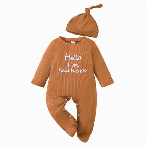 mgoYE Newborn Baby Boy Girl Clothes Hi I'm New Here Coming Home From Hospital Outfits Gender Neutral One Piece Romper(Brown,0-3 Months)