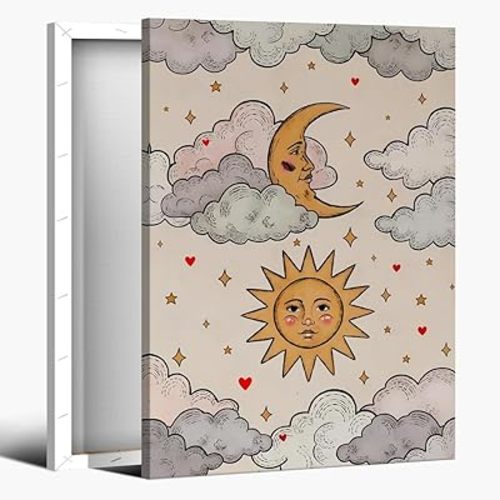 Vintage Boho Celestial Wall Art Trendy Funny Astrology Aesthetic Posters Decor Maximalist Sun and Moon Canvas Print for Nursery Living Room Bedroom Wall Decoration Framed8x12inch