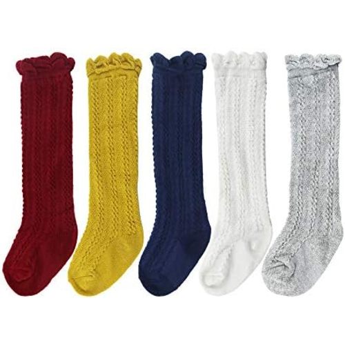 Bestjybt Baby Girls Boys Knee High Socks Cotton Newborn Infants Toddlers Cable Knit Tube Ruffled Stockings, 5 Pairs