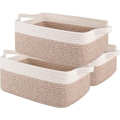 OIAHOMY 3 Pack Storage Baskets for Organizing, Woven Cotton Rope Basket for Shelves, Closet Organizer Bins with Handles, Rectangle Toy Organization, 13.78''×9.84''×5.5'', Brown & White