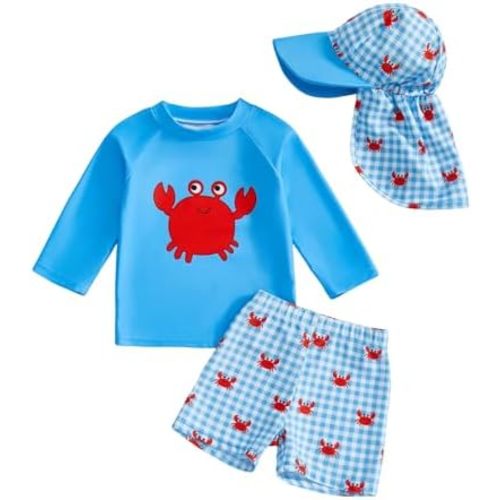 Hnyenmcko Toddler Baby Boys Swim Set Long Sleeve Rashguard Swimsuit Shirt Trunks Infant Bathing Suit Swimwear with Hat