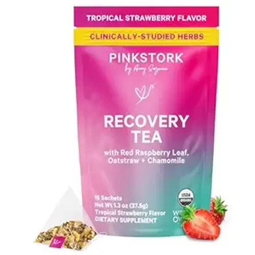 Pink Stork Postpartum Recovery Herbal Tea, Organic Red Raspberry Leaf with Chamomile, Hormone Balance for Women After Labor and Delivery, Strawberry Passion, Hot or Iced, Caffeine-Free, 15 Sachets