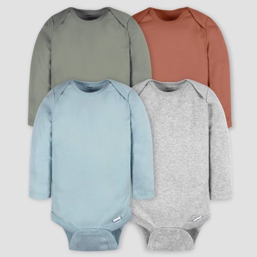Gerber Baby 4pk Long Sleeve Bodysuits - Blue/Gray 0-3M: Cotton Knit Bodysuits, Pullover with Crotch Snap, Machine Washable