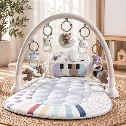 Jovow Baby Gym Mat with Detachable Piano for Babies 0-3 6-9 12 Months | Tummy Time Play Toys Activity Mat with 5 Rattles Infant Toys,Music & Light Sensory Newborn Gifts