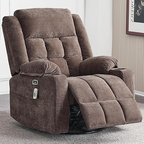 Power Swivel Rocker Recliner Chair for Adults with Massage and Heat, USB and Type-C Ports, Infinite Position, Electric Glider Reclining Single Sofa Chair for Living Room(Fabric Coffee)