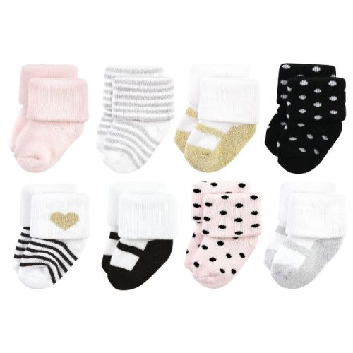 Hudson Baby Infant Girl Cotton Rich Newborn and Terry Socks, Silver Gold Pink, 0-6 Months