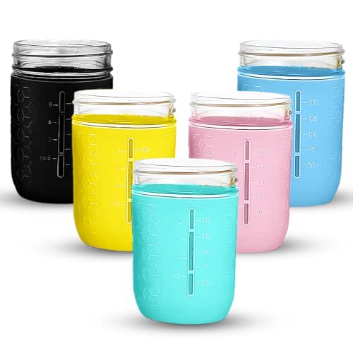 Minliving Mason Jar Silicone Sleeve - Multi-Color Protective Covers, Non-Slip Protection for 8oz Regular Mouth Jars, Easy Grip Hex Pattern, Volume Markings & Measurements - 5 Pack