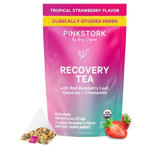 Pink Stork Postpartum Recovery Herbal Tea, Organic Red Raspberry Leaf with Chamomile, Hormone Balance for Women After Labor & Delivery, Strawberry, Postpartum Essentials, Caffeine-Free, 15 Sachets