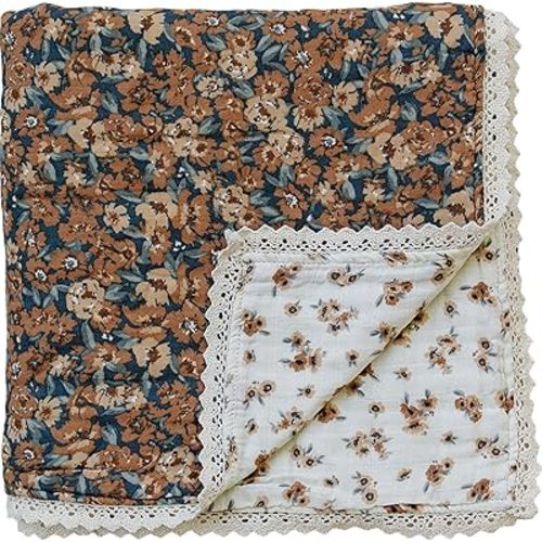 Mebie Baby Muslin Quilt, Venetian Floral & Autumn Bloom, 100% Cotton Baby Blanket for Girls & Boys, Newborns to Toddler, Soft Swaddle Blanket, 47"x47"