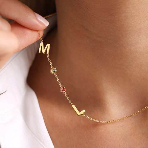 Custom Sideway Initial Birthstone Necklace – Lucky Bear & Co.