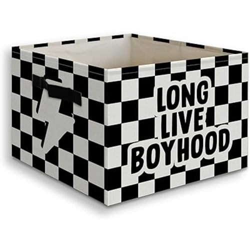 Long Live Boyhood Foldable Storage Bins Box with Handles, Black and White Checkered Collapsible Organizer Basket for Kids Boys Bedroom Bathroom Nursery Playroom Clothes Toys Books