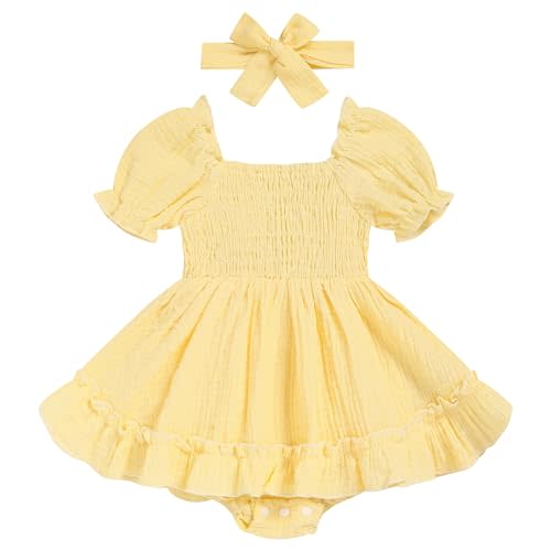 GRNSHTS Baby Girl Romper Dress, Puff Sleeve Smocked Outfit with Headband for Infants Soft Cotton Photo Shoot