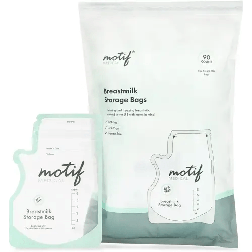 Motif Medical Breastmilk Storage Bags - Freezer Bag w/Easy Pour Spout, Write-On Label - Leak-Proof Double Zipper Milk Bags for Breastmilk - Ideal Breastfeeding Mom Gifts (6 oz, 90 Count)