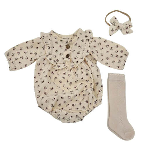 Baby Girl Cream Floral Ruffle Romper Set with Bow & Matching Socks - Olive & Cradle | Olive Sprout Kids