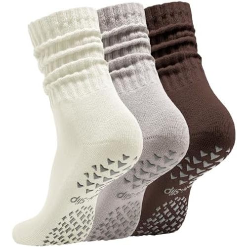 Women’s Pilates Socks with Grips – 3 Pairs Scrunch Crew Non-Slip Yoga Barre Workout Hospital Slipper Slouch Socks