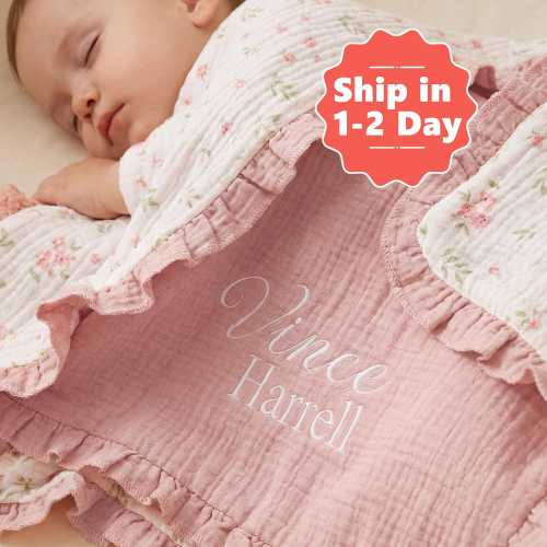 Custom Floral Baby Name Blanket,Embroidered Cotton Summer Baby Blanket,Muslin Ruffle Edge Swaddle Blanket,Baby Shower Gift,New Baby Gift