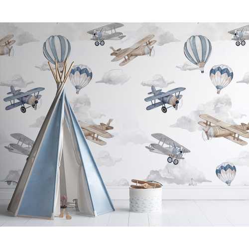 Vintage Airplane & Hot Air Balloons Peel and Stick Kids Wallpaper – Adventure Nursery Mural