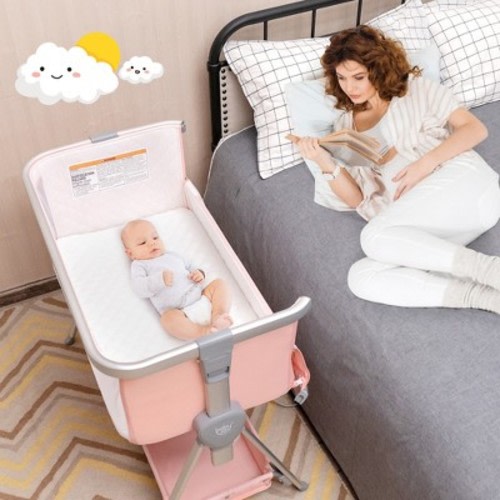 Babyjoy Baby Bed Side Crib Portable Adjustable Infant Travel Sleeper Bassinet Peach\ Dark Grey\Light Grey, Color: Peach