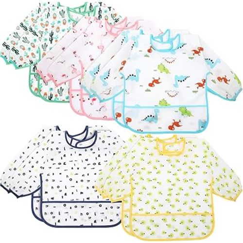 Tarpop Long Sleeve Bibs Infant Smocks Multi Pack Waterproof Soft Sleeved Bibs for Babies Toddler Eating Feeding
