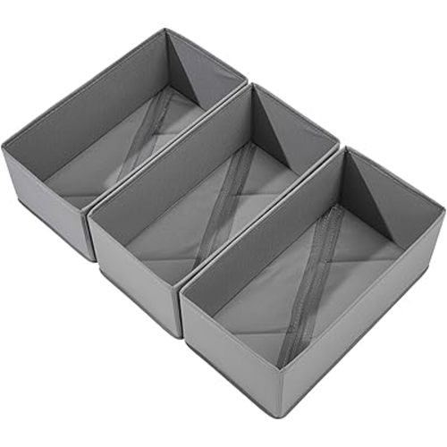 Sock Drawer Organizer 3 Pack - Collapsible Fabric Storage Bins for Underwear Divider, Small Closet Organizers with 3 Compartments, Gray