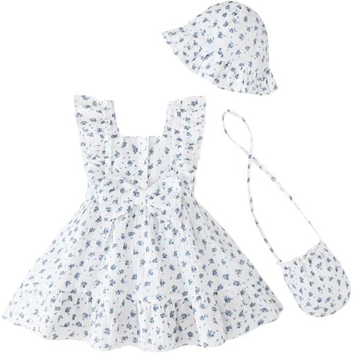 Renotemy Newborn Infant Baby Girl Dresses Summer Outfits Boho Casual Sundress Gifts Toddler Clothes for Girl with Hat and Bag