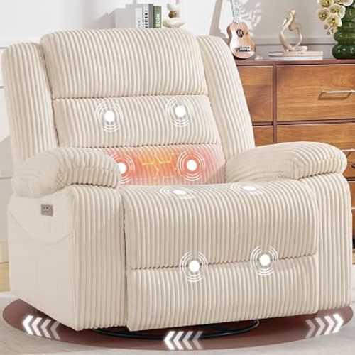Korser Power Swivel Rocker Recliner Chair for Adult with Massage & Heat, Electric Glider Rocking Chairs Nursery, Oversized 27" Wide Seat Corduroy Nursing Chair for Living Room, Nursery, Beige