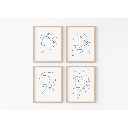 Women of Star Wars Line Art - Set of 4 Prints | Disney Princess Leia Rey Padme Ahsoka Poster | Office Bathroom Kids Nursery Decor Gift