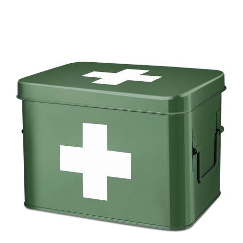 First Aid Medicine Box Supplies Kit Organizer - 8.6" White Metal Tin Medic Bin Hard Case with Removable Tray Handle Storage Compartment, Vintage Antique Empty Boxes for Home Family Emergency Tool Set