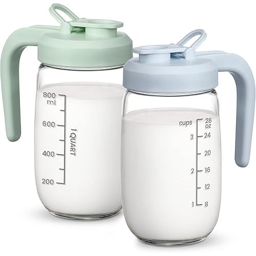 2 Pack Breast Milk Pitcher 32 OZ, Heat & Cold Resistant, Sudden Temperature Safe, Fast Baby Formula Maker with Wide Mouth, No Leak Glass Fridge Storage Container for Juice, Cold Brew-Blue, Green