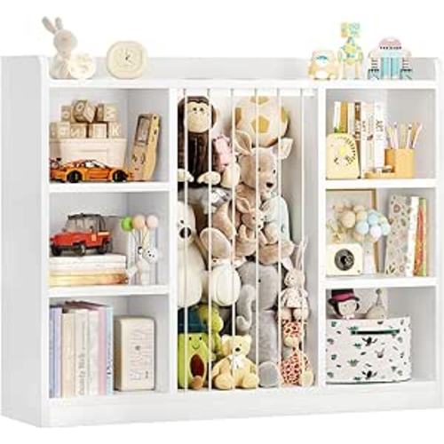 Toddler Stuffed Animal Zoo, Toy Storage Organizer for Playroom, Plush Toy Organizers and Storage, Book Shelf for Kids Rooms, Elastic Band Child Bookcase, Toy Shelf with 8 Storage Cubbies (White)