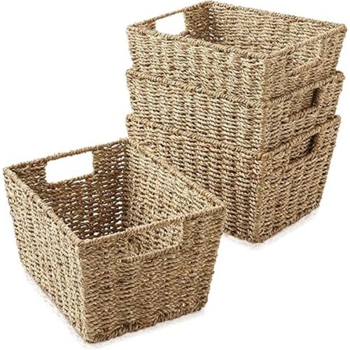 Casafield Set of 4 Seagrass Storage Baskets with Handles - Natural, Woven Rectangular Storage Bins for Shelves, Blankets, Laundry Organization