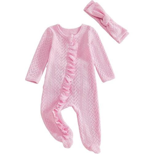 Seyurigaoka Newborn Baby Girl Footies Romper Ruffle Knitted Jumpsuit | Long Sleeve, Zipper, Infant Fall Winter Warm Clothes, Going Home Outfits, with Headband, for 0-12M