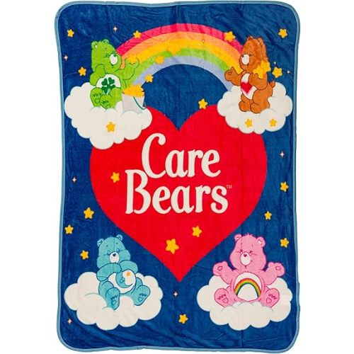 Silver Buffalo Care Bears Rainbow Heart Logo Featuring Cheer, Bedtime, and Tenderheart Bear 45” x 60” Fleece Throw, Soft and Cozy Blanket, 180 GSM