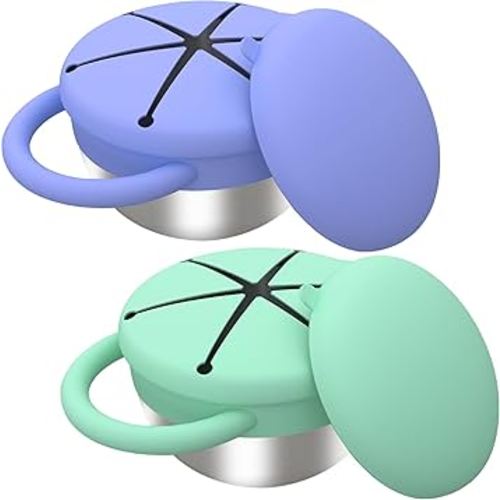 Snack Cups for Toddlers Spill Proof, 2 Pack Toddler Snack Containers with Silicone Lids & Handles, Safe and Durable, Stainless Steel Baby Snack Containers