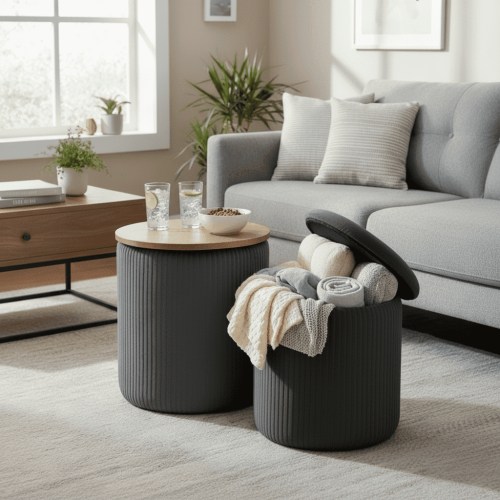 LIFERECORD Round Ottoman with Storage Set of 2, Vanity Stool with Storage for Bedroom, Ottoman Coffee Table,Small Velvet Foot Stool for Living Room, Grey
