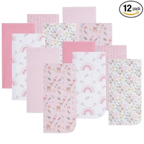 EVERYDAY KIDS 12 Pack Burp Cloths for Baby Girl; Newborn Essential with - Large Absorbent Cotton Flannel Pink Burping Cloths for Babies with Woodlands, Floral and Rainbow Prints and Solids