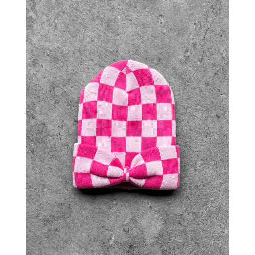 Bow Beanie in Bubble Gum Checkered