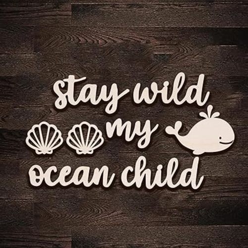 Q068 Wood Stay Wild My Ocean Child Decor, Black Artistic Room Decor for Child, Wooden Nursery Deco, Elegant Shells and shark Ocean Boho Wall Art for Boy and Girl Bedroom, Living Room