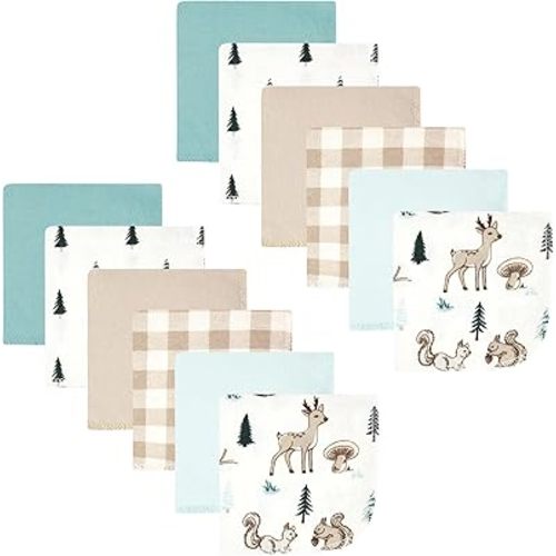 Hudson Baby Unisex Baby Flannel Cotton Poly Washcloths, Boy Woodland Pals 12Pk, One Size