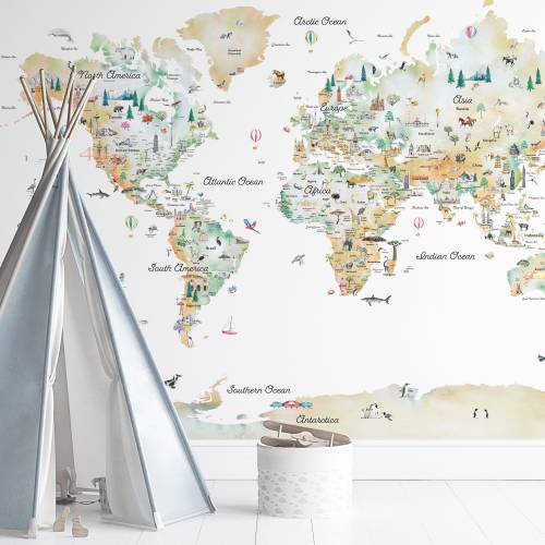 Educational World Map Wall Decal: Topographical Gradient, Playful Kids Wallpaper