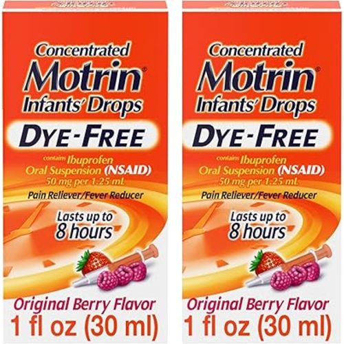 Infants’ Motrin Dye-Free Liquid Ibuprofen, Berry Flavor, Fever Reducer and Pain Reliever for Kids and Infants 6-23 Months, Alcohol-Free Oral Pain Relief, Syringe Included, 1 fl oz Twin Pack