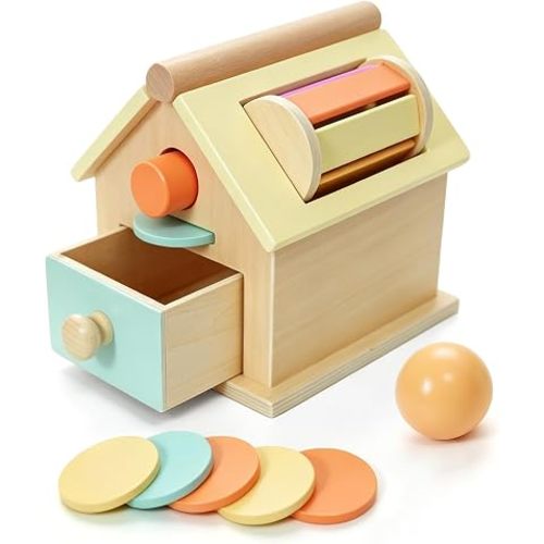 Montessori Toys for 1 Year Old, Toddler Learning Toys, Activity Cube for Toddlers 1-3, 5-in-1 Wooden Toy with Rattle, Shape Sorter, Ball Drop, Cylinder & Token Play, Gift for Boys & Girls