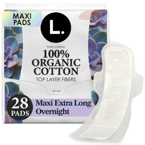 L. Organic Cotton Top Layer Maxi Extra Long Pads - Overnight Absorbency - 28ct