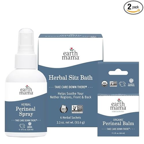Earth Mama Postpartum Recovery Kit, Take Care Down There® Trifecta with Organic Perineal Balm, Sitz Bath & Herbal Peri Spray, 3-Piece Set