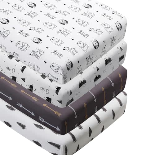 4 Pack Woodland Forest Animals Wood Neutral Unisex Fitted Baby Crib Sheets Set for Baby Boys or Girls Cartoon