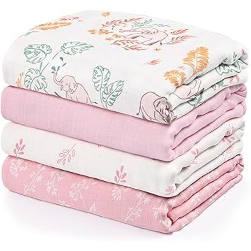 GLLQUEN BABY Muslin Swaddle Blankets 4-Pack Breathable Receiving Blankets (35" x 40") Soft Baby Blankets for Girls and Boys Newborn Essentials Muslin Burp Cloths Swaddle Wrap Baby Gift(Pink Elephant)