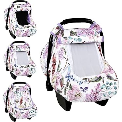Car Seat Cover Baby, HNHUAMING Infant Car Seat Covers Canopy for Baby Girl Boy, Cozy & Windproof Newborn Carseat Covers Minky Dot Backing Stroller Cover with Breathable Mesh Window, Purple Floral